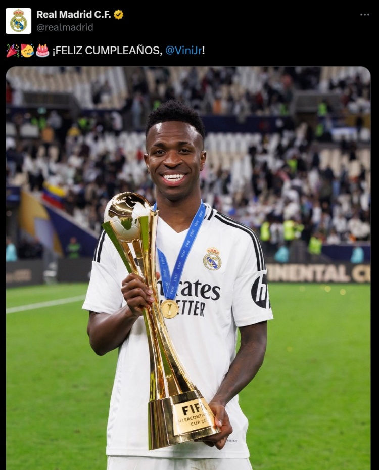 322场106球83助攻+14冠！皇马官方祝福维尼修斯25岁生日快乐